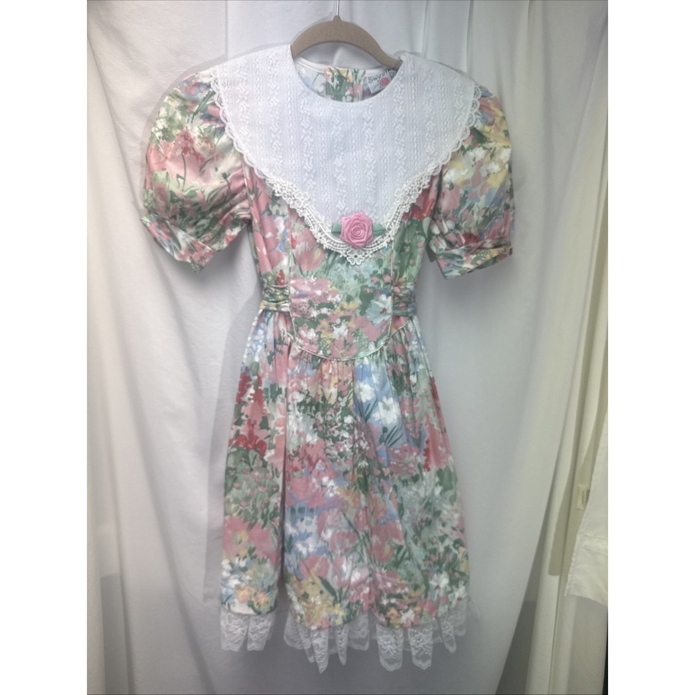VTG 90's Sweetheart Rose Dress 10 Floral Pink Pastel Puff Ruffle Lace Applique'